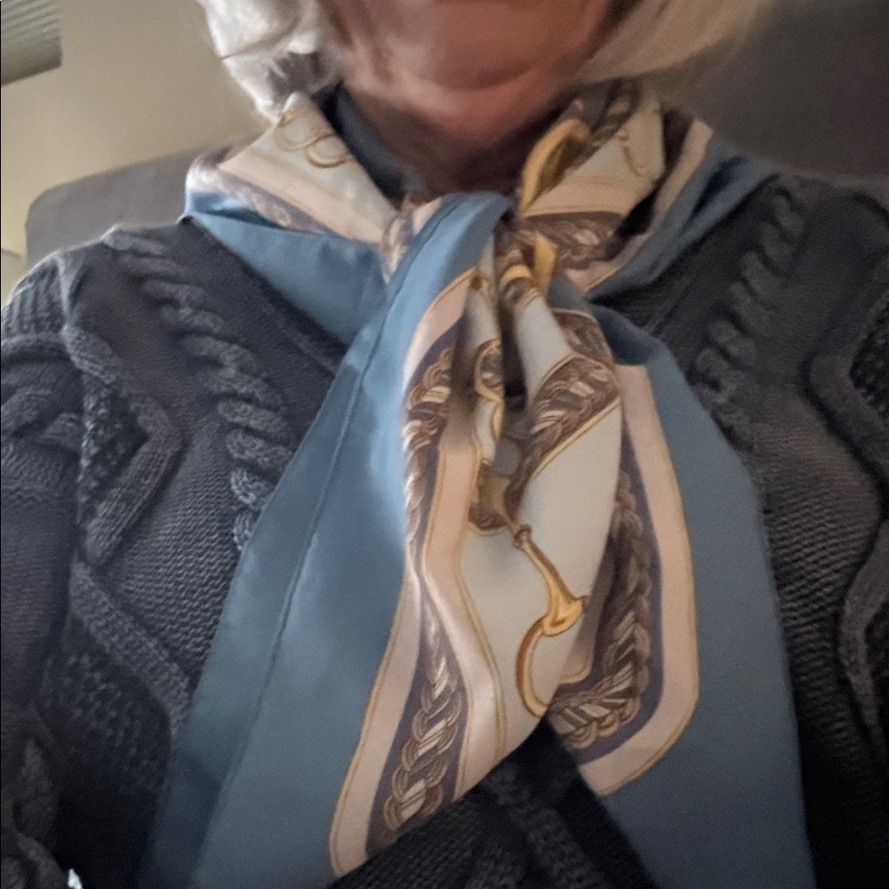 Elegant Blue and Gold Women's 36” square silk Scarf.
